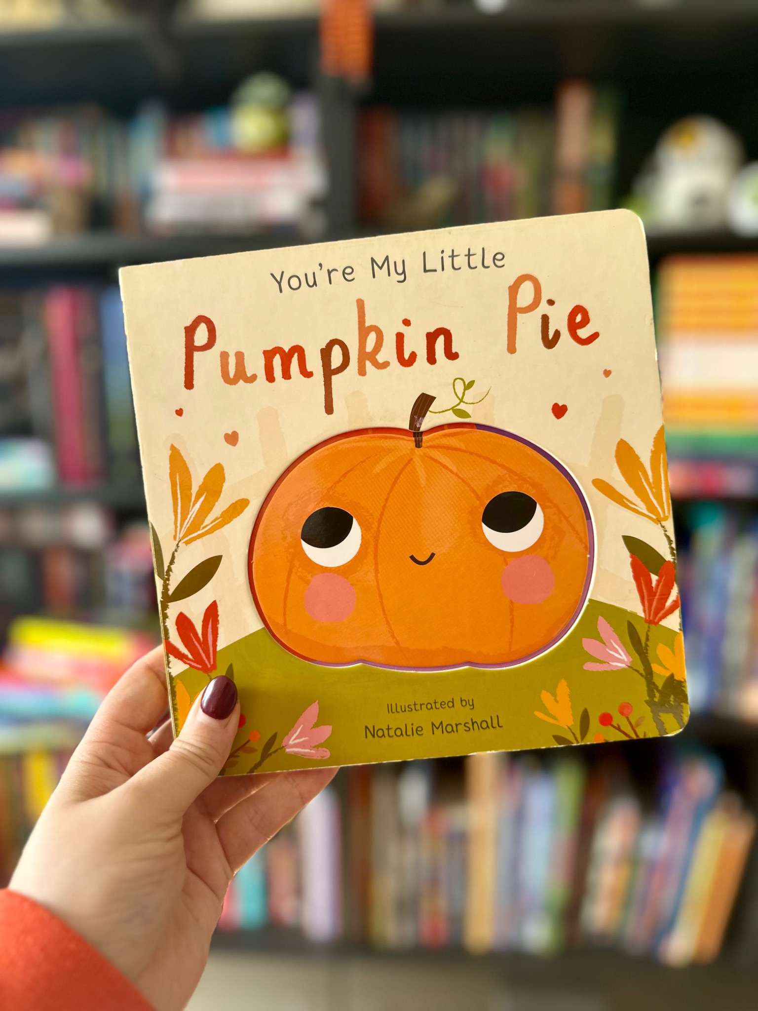 A hand in an orange sleeve holds You're My Little Pumpkin Pie in front of softly blurred library shelves