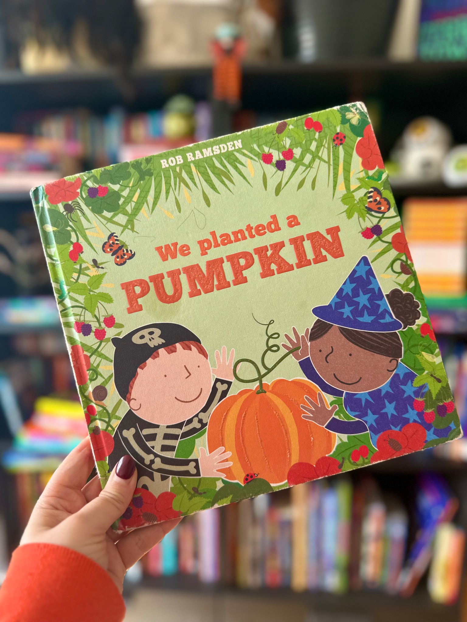 A hand in an orange sleeve holds We Planted a Pumpkin by Rob Ramsden in front of softly blurred library shelves